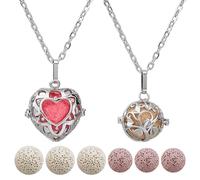 SUPERFINDINGS 2 Styles Essential Oil Diffuser Necklace Aromatherapy Essential Oils Pendant Love Heart and Hollow Ball Locket Pendant Necklace with 12 Pcs Lava Rock Stone