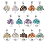 SUPERFINDINGS 28Pcs 14 Styles Tree of Life Gemstone Pendants Crystal Quartz Chakra Pendants Charms Mixed Gemstone Chip European Flat Round Large Hole Dangle Charm with Alloy Finding for Jewelry Making
