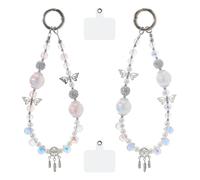 SUPERFINDINGS 2Pcs 2 Colors Crystal Pearl Phone Wrist Strap Alloy Butterfly Phone Charm Beaded Cellphone Lanyard with Tether Tab Backpack Key Pendant Accessories for Women