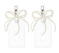 SUPERFINDINGS 2Pcs Acrylic Photocard Holder 4.1x2.6inch Photocard Holder Clear ID Badge Holders with Pearl Bow Cute Card Pendant with Alloy Swivel Clasps for Album
