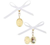 SUPERFINDINGS 2PCS Brass Wedding Bouquet Charms Locket Pendant Decorations with Acrylic Imitated Pearl Beads and Satin Ribbon Golden Oval Rial Angel Photo Pendants
