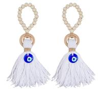 SUPERFINDINGS 2PCS Evil Eye Door Handle Charm Decorations Boho Decorative Hanging Charms Wooden Beads and Amulet White Tassel Door Knob Handle Pendants Decor Good Luck Hanging Ornament, 29.5cm/11.6"