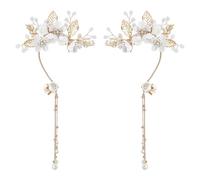 SUPERFINDINGS 2Pcs Flower Pearl Drop Earrings Golden Non Piercing Tassel Style Earrings 2 Styles Rhinestone Ear Cuff Ear Clips Bridal Wedding Jewelry for Women Jewelry Gifts