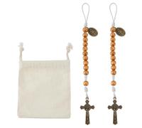 SUPERFINDINGS 2Pcs Steering Wheel Rosary Charm Rearview Mirror Car Rosary Wooden Prayer Beads with Cross Pendant Crosss Hanging Ornament for Catholic Christian Confirmation Drivers Gift