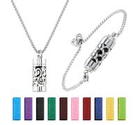 SUPERFINDINGS 2Styles Essential Oil Diffuser Necklace Bracelet Stainless Steel Aromatherapy Locket Column Pendant Set with 20Pcs Perfume Pads Adjustable Necklaces Bracelet for Christmas Birthday Gifts