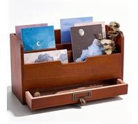 SUPERFINDINGS 3 Tier Wooden Desk Organizer Rustic Brown Wood Bill Mail Organizer with Drawer Mail Holder Countertop Wood Storage Cabinet Caddy Box for Desktop Tabletop Office Home