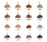 SUPERFINDINGS 32 Pcs 16 Styles Tree of Life Pendant Mixed Natural Gemstone Pendants Crystal Quartz Chakra Pendants Flat Round Tree Charm for Jewelry Making Gift Wrapped