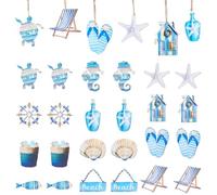 SUPERFINDINGS 36Pcs Beach Wooden Hanging Ornaments for Small Tree Decor | 12 Styles,Mixed Printed Patterns,Solid Wood,with Jute Cord,25~79x35~78Mm