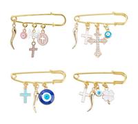 SUPERFINDINGS 4 Pcs Evil Eye Brooch 2.05 Inch/52 mm Steel Kilt Pin With Mixed Shape Rhinestone Charms, Gold Lucky Eye Pins Brooches Mixed Shape Brooch For Scarf Denim Jacket Bag