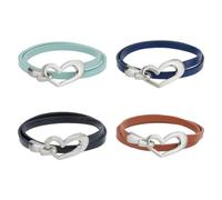 SUPERFINDINGS 4 Pcs Heart Leather Bracelets: Trendy Wrap Cuff Bracelets & Choker Necklace in Dark Sea Green, Camel, Midnight Blue, Black for Women