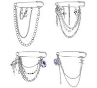 SUPERFINDINGS 4 Styles Decorative Safety Pins Punk Collar Brooches Pin Silver Pant Waist Tightener Safety Pin with Hanging Chains Alloy Star Butterfly Rhinestone Heart Brooch for Bag Scraf Shawl