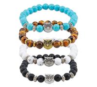 SUPERFINDINGS 4 Styles Owl Bracelets Set Lucky Stone Bracelets Owl Charm Beaded Bracelets Stretch Anxiety Bracelet Set Couple Bracelets Gifts for Women