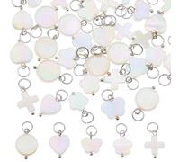 SUPERFINDINGS 40Pcs 5 Styles Shell Pendants Natural Shell Charms Sea Charm Ocean Charm Cross Heart Round Flower Butterfly Shells Beads with Stainless Steel Color Jump Ring for Jewelry Making Charms
