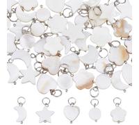 SUPERFINDINGS 40Pcs 5 Styles Shell Pendants Natural Shell Charms Sea Charms Ocean Charm White Moon Star Heart Round Flower Charm with Silver Tone Jump Ring for DIY Jewelry Making