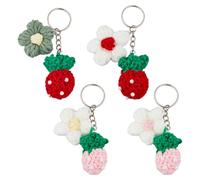 SUPERFINDINGS 4Pcs Crochet Strawberry Keychains Handmade Weaving Strawberry Flower Keychains Crochet Plush Keychain With Iron Rings Cute Hanging Charm Keyrings for Wallet