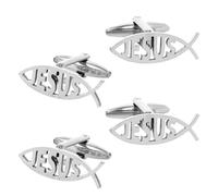 SUPERFINDINGS 4Pcs Jesus Fish Cufflinks Stainless Steel Men's Cufflinks Christian Pair Cuff Links Silver Tuxedo Shirt Cuff Links for Mens Suit Formal Shirt Business Accessories