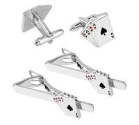 SUPERFINDINGS 4Pcs Poker Playing Cards Cufflinks and Tie Clip Sets Gentleman's Tie Clips Fun Alloy Enamel Cufflinks for Mens Suit Formal Shirt Business Accessories