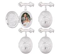 SUPERFINDINGS 4Pcs Wedding Bouquet Photo Charm Silver Oval Photo Charm 304 Stainless Steel Bouquet Photo Locket Charms Bow Tie Wedding Memorial Brooches Pins DIY Pin Brooch Making for Bridal