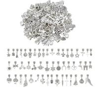 SUPERFINDINGS 50Pcs Tibetan Dangle Charms Beads Set Antique Silver Alloy Bail Clasp Spacer Connectors 24-41mm Length 5mm Hole For Diy Bracelet Necklace Jewelry Making No Jump Ring Needed