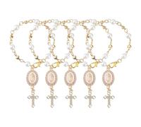SUPERFINDINGS 5Pcs Steering Wheel Rosary Charm Car Interior Rear Mirror Charms Rosary Hanging Pendant Pearl Chain with Gold Alloy Cross and Virgin Mary Charms for Auto Protection Charm Decor
