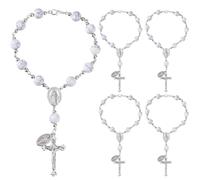 SUPERFINDINGS 5Pcs Steering Wheel Rosary Charm Car Interior Rear Mirror Charms Rosary Hanging Pendant Synthetic Howlite Bead with Silver Cross and Virgin Mary Charms for Auto Charm Decor