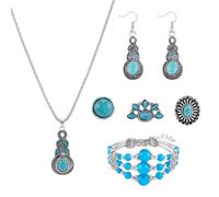 SUPERFINDINGS 6 Pieces Synthetic Turquoise Jewelry Set 72.5CM Long Pendant Necklace Alloy Triple Layer Multi strand Bracelet Teardrop and Cloud Earrings Set Bohemian Western Jewelry for Women