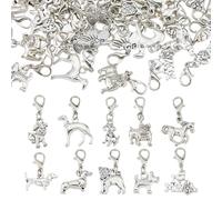 SUPERFINDINGS 60Pcs Animal Clip-On Charms Alloy Zipper Pulls Antique Silver Mini Animal Theme Pendants With Lobster Clasp for DIY ID Card Bracelet Bag Purse Handbag Keychain Jewelry
