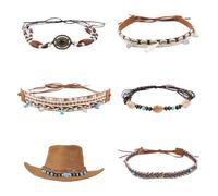 SUPERFINDINGS 6Pcs 6 Style Cowboy Hat Bands with Alloy Clasp Buckle Imitation Leather Braided Shell Overlay Hat Belt Classical Bohemian Style Hatbands Hat Accessories