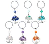 SUPERFINDINGS 6Pcs Tree of Life Keychain Natural Crystal Stone Key Chains Gemstones Key Chain Charm Handmade DIY Keychain Pendant with Platinum Split Key Rings for Bag