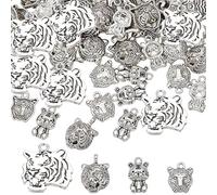SUPERFINDINGS 80Pcs 4 Style Tibetan Tiger Head Pendants, Antique Silver Animal Charm for DIY Earring Necklace Bracelet Making, Hole:1.5-3mm