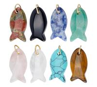 SUPERFINDINGS 8Pcs 8 Styles Natural Gemstone Beads 28mm Fish Crystal Charm with Jump Rings Tiger Eye Amethyst Charms Sea Ocean Animal Spacer Pendant for Jewellery Making