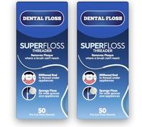 Superfloss, Dental Super Floss Threader, 50 Pre-Cut Strands Pack of 2, Ideal Oral Floss for Braces, Bridges and Wide Spaces, 100 Strands in Total, Mint