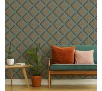 Superfresco Easy Ocean Panel Rattan Blue Trellis Wallpaper Natural