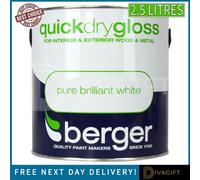 SuperGift.com Berger Quick Dry Gloss Pure Brilliant White Paint 2.5L Water-Based Interior & Exterior Wood & Metal Paint