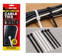 SuperGift.com Dekton 50 Piece Black Cable Tie Set 4.8 X 250mm Heavy Duty Nylon Cable Ties For Cable Management & Securing