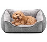 SuperGift.com Fluffy Calming Pet Bed for Dogs & Cats - Soft Plush Washable Cushion Sofa Bed with Raised Sides, Anti-Slip Base (Grey, S)