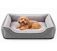 SuperGift.com Fluffy Calming Pet Bed for Dogs & Cats - Soft Plush Washable Cushion Sofa Bed with Raised Sides, Anti-Slip Base (Grey, M)