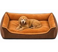 SuperGift.com Fluffy Calming Pet Bed for Dogs & Cats - Soft Plush Washable Cushion Sofa Bed with Raised Sides, Anti-Slip Base (Brown, XXL)