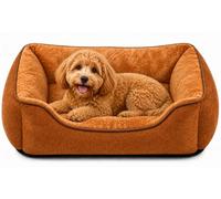 SuperGift.com Fluffy Calming Pet Bed for Dogs & Cats - Soft Plush Washable Cushion Sofa Bed with Raised Sides, Anti-Slip Base (Brown, S)