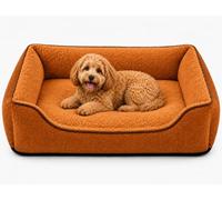 SuperGift.com Fluffy Calming Pet Bed for Dogs & Cats - Soft Plush Washable Cushion Sofa Bed with Raised Sides, Anti-Slip Base (Brown, M)