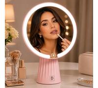 SuperGift.com Pink LED Lighted Vanity Makeup Mirror with Touch Control, Dimmable Tabletop Cosmetic Mirror, Modern Round Desk Mirror for Makeup & Skincare, 35 cm