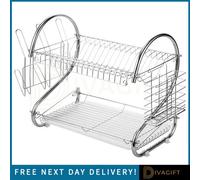 SuperGift.com Prima 2 Tier Dish Drainer Set Chrome Steel Dish Drying Rack With Drip Tray & Cutlery Holder