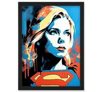 Supergirl Linocut Portrait Blue Red Yellow Female Comic Book Superhero Girls Bedroom Artwork Framed Wall Art Print A4