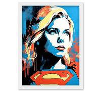 Supergirl Linocut Portrait Blue Red Yellow Female Comic Book Superhero Girls Bedroom Artwork Framed Wall Art Print A4