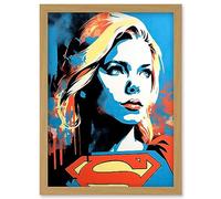 Supergirl Linocut Portrait Blue Red Yellow Female Comic Book Superhero Girls Bedroom Artwork Framed Wall Art Print A4