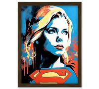 Supergirl Linocut Portrait Blue Red Yellow Female Comic Book Superhero Girls Bedroom Artwork Framed Wall Art Print A4