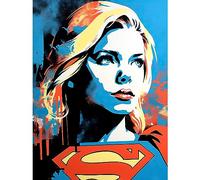 Supergirl Linocut Portrait Blue Red Yellow Female Comic Book Superhero Girls Bedroom Extra Large XL Wall Art Poster Print