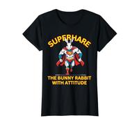 SuperHare Bunny Rabbit with Attitude Superhero Costume Value Graphic T-Shirt, Women, Black, M