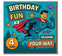 Superhero 4th Birthday Card for Kids - Comic Book Style, 'Birthday Fun Is Heading Your Way', Age 4 Today