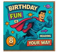 Superhero 8th Birthday Card - Comic Book Style - 'Birthday Fun Is Heading Your Way' - Age 8 Today